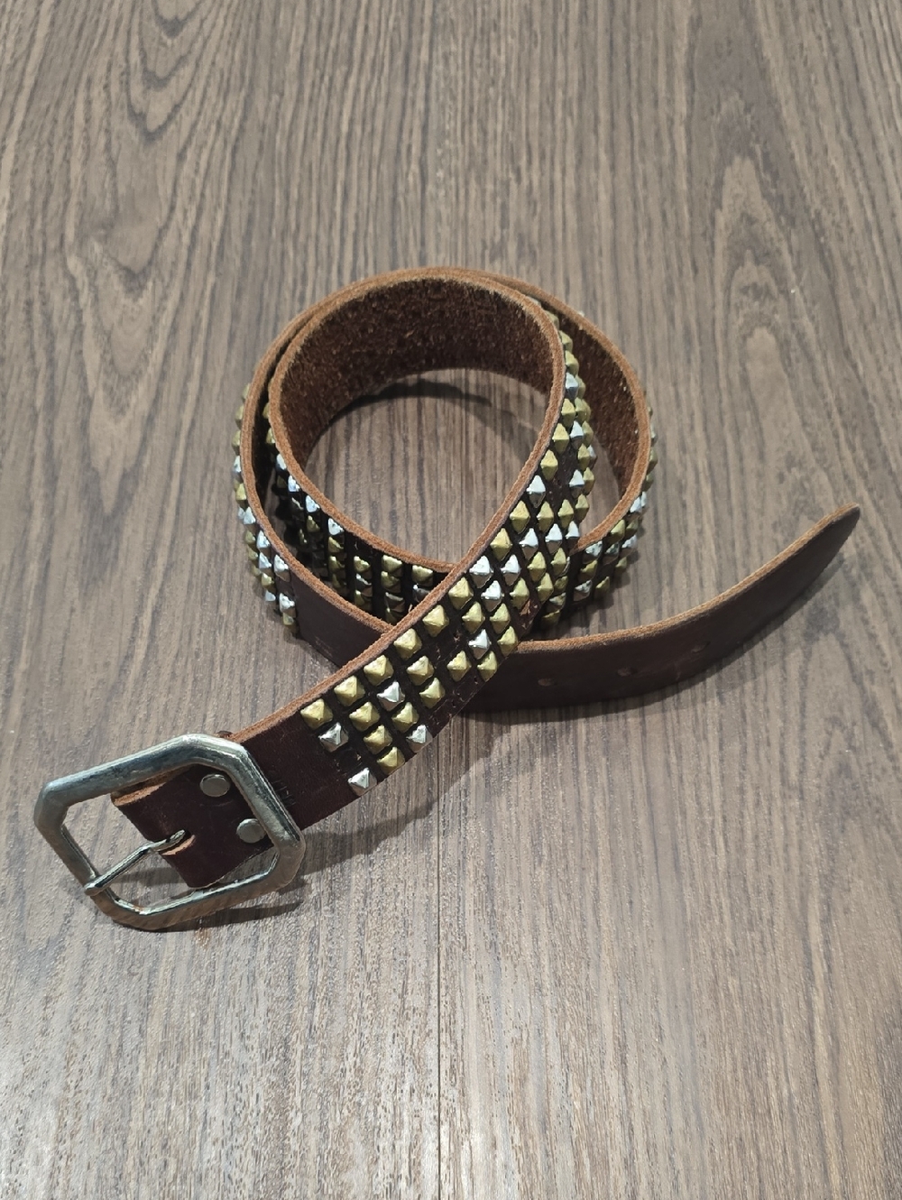 Jeff‎ Gallea Men's Brown Studded Leather Belt - Metal Pyramid Accents
